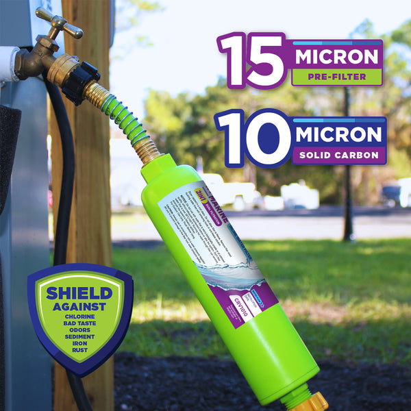 CLEAR2O® 2IN1 RV Inline Water Filter – The Ultimate Filtration Solution for RV Adventures - 10 Micron Solid Carbon Block & 15 Micron Pre-Filter
