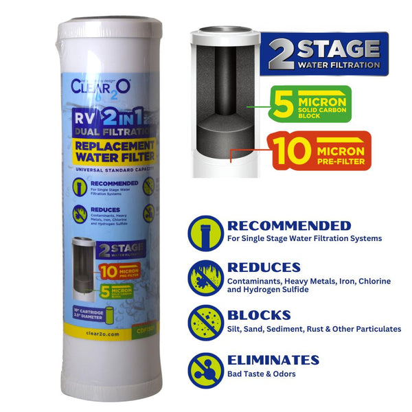 CLEAR2O® RV 2 IN 1 DUAL FILTRATION REPLACEMENT WATER FILTER - CDF1501 PRE-FILTER & CARBON FILTER