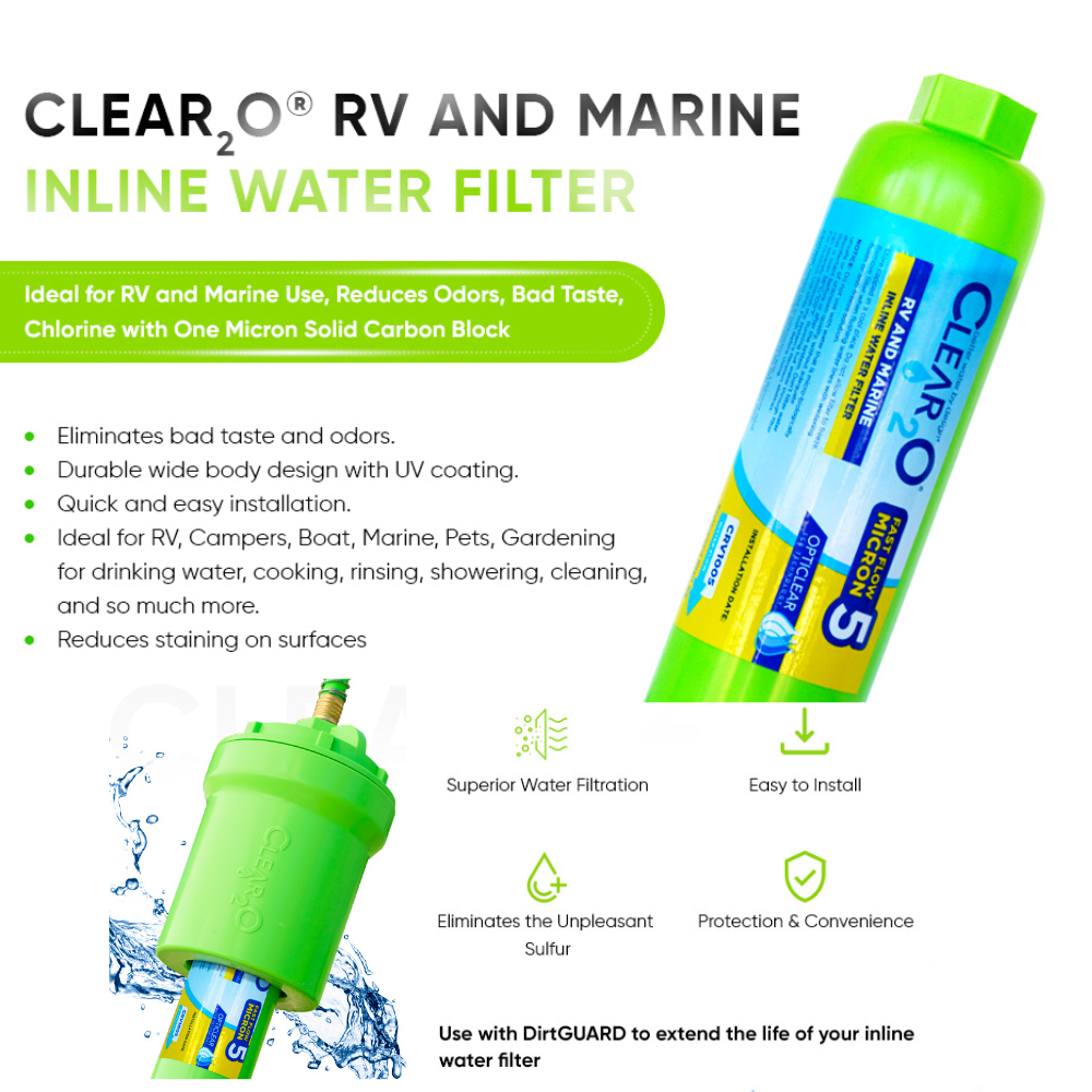CLEAR2O RV INLINE WATER FILTER - Reduces Contaminants, Bad Taste, Odors, Chlorine and Sulfur Taste & Smell. One Micron Filtration. CLEAR2O RV INLINE WATER FILTER - Reduces Contaminants, Bad Taste, Odors, Chlorine and Sulfur Taste & Smell. One Micron Filtration.