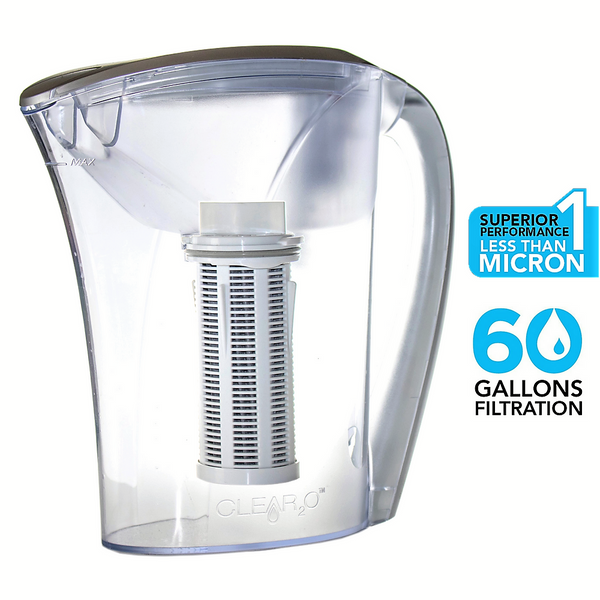 CLEAR2O GRAVITY WATER FILTRATION PITCHER FILTERS 60 GALLONS OF  AT LESS THAN ONE MICRON LEVEL.