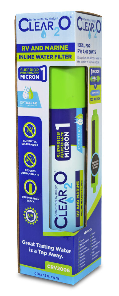 CLEAR2O RV INLINE WATER FILTER - Reduces Contaminants, Bad Taste, Odors, Chlorine and Sulfur Taste & Smell. One Micron Filtration. CLEAR2O RV INLINE WATER FILTER - Reduces Contaminants, Bad Taste, Odors, Chlorine and Sulfur Taste & Smell. One Micron Filtration.
